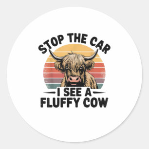 Stop de auto Ik zie Fluffy Funny Koe Retro Highlan Ronde Sticker