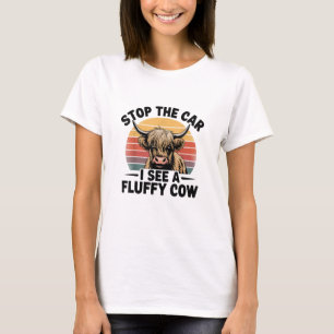 Stop de auto Ik zie Fluffy Funny Koe Retro Highlan T-shirt