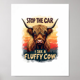 Stop de auto Ik zie pluizige Koe Retro Highland Ko Poster