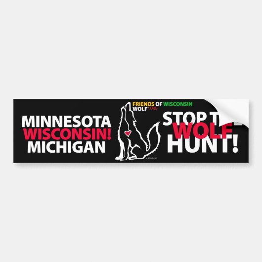 STOP DE WOLF HUNT WISCONSIN - MA'IINGAN BUMPERSTICKER (Voorkant)