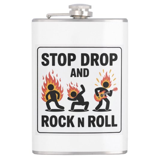 Stop Drop en Rock n Roll - In Hoesje of Fire Heupfles (Voorkant)
