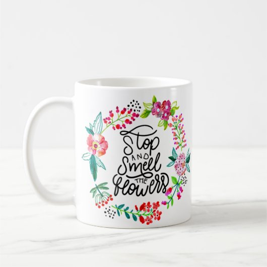 Stop en ruik aan de bloemen koffiemok (Links)