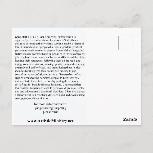 Stop Gang-Stalking BRIEFKAART (Achterkant)