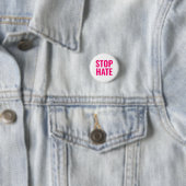 Stop Hate, Hot-roze fuchsia white pin Button (In situ)
