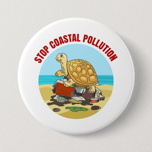 Stop Kustvervuiling Zee Schildpad Milieu Ronde Button 7,6 Cm (Voorkant)