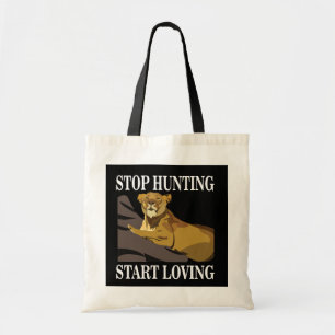 Stop met jagen begin te houden van leeuwin tote bag