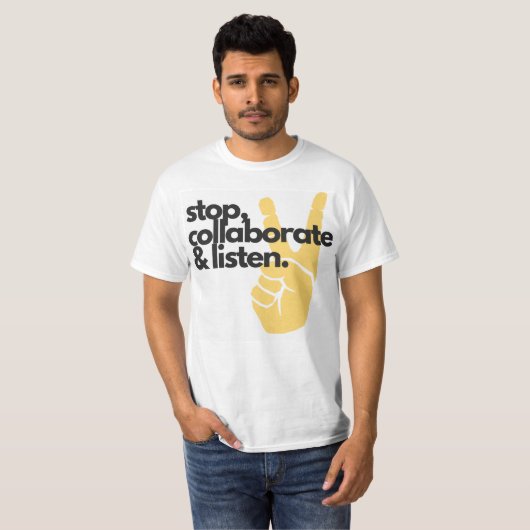 Stop, werk samen en luister Basic T-Shirt (Voorkant volledig)
