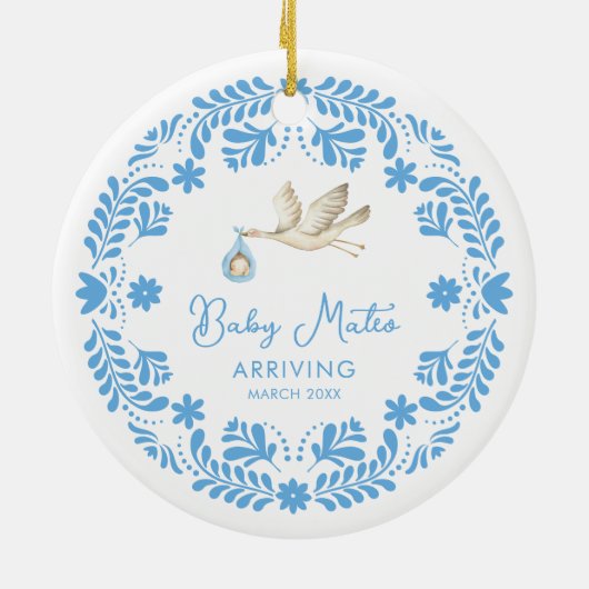 Stork Baby Boy Geboorteaankondiging Kerstmis Keramisch Ornament (Achterkant)