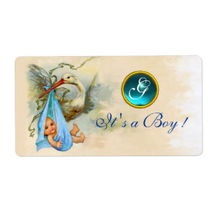 STORK BABY BOY SHOWER BLAUWGROEN BLUE GEM MONOGRAM ETIKET