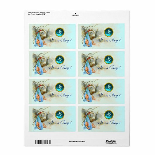 STORK BABY BOY SHOWER BLAUWGROEN BLUE GEM MONOGRAM ETIKET (Full Sheet)