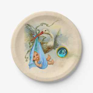 STORK BABY BOY SHOWER BLUE GEM STONE MONOGRAM PAPIEREN BORDJE