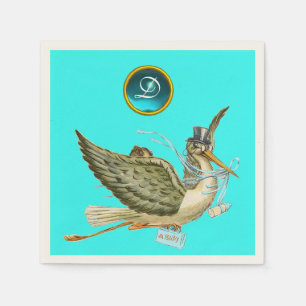 STORK BABY BOY SHOWER BLUE GEM STONE MONOGRAM SERVETTEN