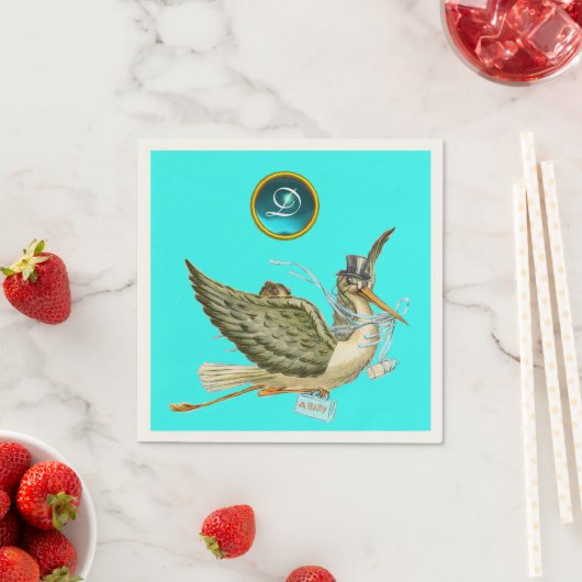 STORK BABY BOY SHOWER BLUE GEM STONE MONOGRAM SERVETTEN (Insitu)