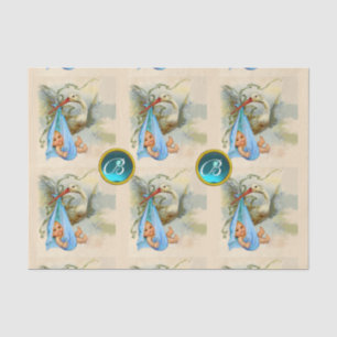 STORK BABY BOY SHOWER BLUE GEM STONE MONOGRAM TISSUEPAPIER