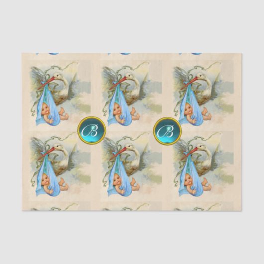 STORK BABY BOY SHOWER BLUE GEM STONE MONOGRAM TISSUEPAPIER (Voorkant)