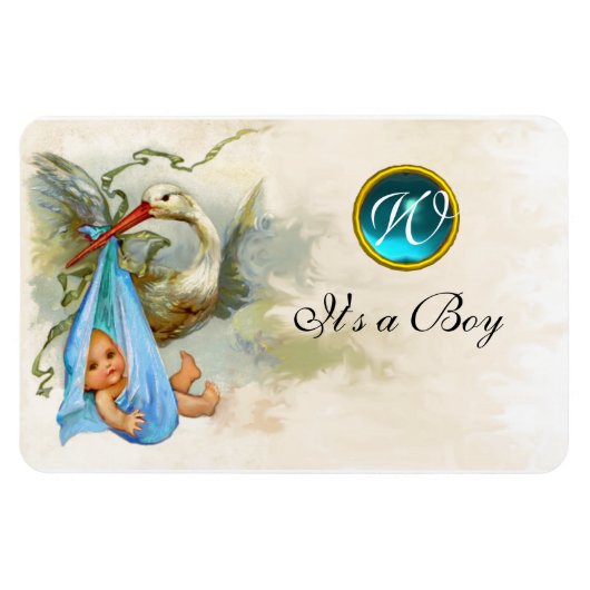 STORK BABY BOY SHOWER MONOGRAM, wit Magneet (Horizontaal)