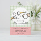 Stork Baby Geboortekaartjes (roze) Aankondiging (Staand voorkant)