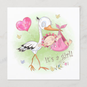 *~* Stork Baby Girl Heart Flowers Baby shower Kaart