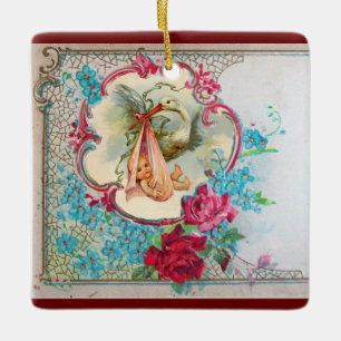 STORK BABY GIRL SHOWER 2 Pink Amethyst Keramisch Ornament