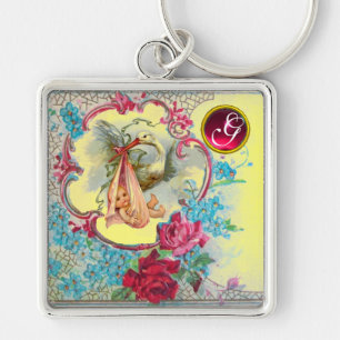 STORK BABY GIRL SHOWER GEM MONOGRAM SLEUTELHANGER