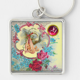 STORK BABY GIRL SHOWER GEM MONOGRAM SLEUTELHANGER