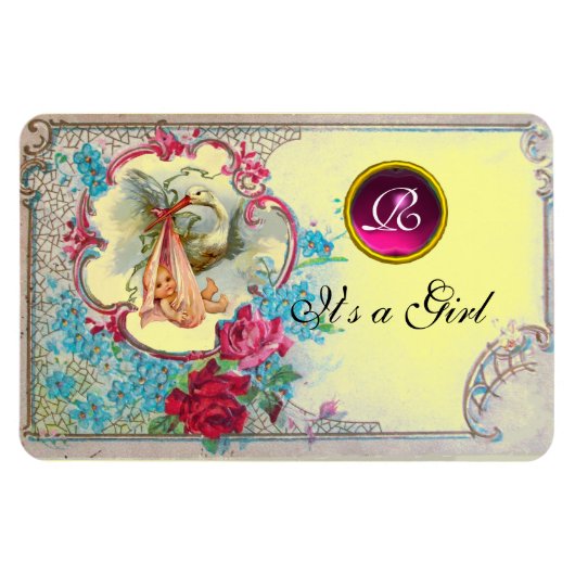 STORK BABY GIRL SHOWER MONOGRAM MAGNEET (Horizontaal)