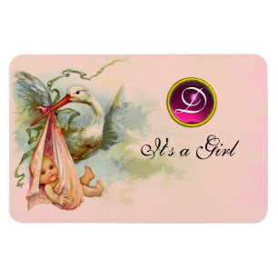 STORK BABY GIRL SHOWER MONOGRAM MAGNEET