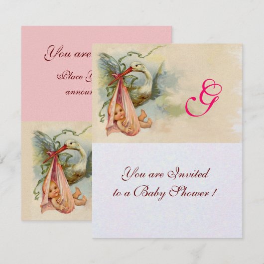 STORK BABY GIRL SHOWER MONOGRAM Pearl Shimmer Kaart (Voorkant / Achterkant)