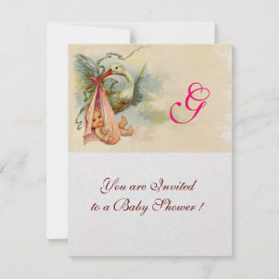 STORK BABY GIRL SHOWER MONOGRAM Pearl Shimmer Kaart