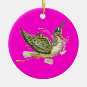 STORK BABY GIRL SHOWER MONOGRAM Pink Amethyst Keramisch Ornament