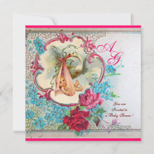 STORK BABY GIRL SHOWER PINK BLAUWE MONOGRAM KAART