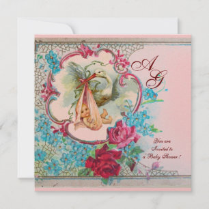 STORK BABY GIRL SHOWER PINK BLAUWE MONOGRAM KAART