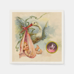 STORK BABY GIRL SHOWER PINK GEM STONE MONOGRAM SERVETTEN