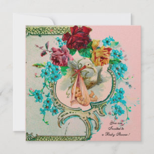 STORK BABY GIRL SHOWER/PINK ROSES AND BLUE FLOWE KAART