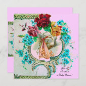 STORK BABY GIRL SHOWER, PINK ROSES EN BLAUWE STROM KAART (Voorkant / Achterkant)