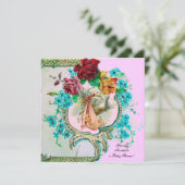 STORK BABY GIRL SHOWER, PINK ROSES EN BLAUWE STROM KAART (Staand voorkant)