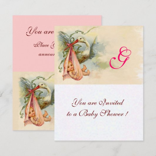 STORK BABY MEISJE DOUCHE MONOGRAM Roze Kaart (Voorkant / Achterkant)