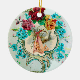 STORK BABY SHOWER 2 MONOGRAM Red Ruby Keramisch Ornament