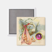 STORK BABY SHOWER 2 MONOGRAM, ruby Magneet (Voorkant / Achterkant)