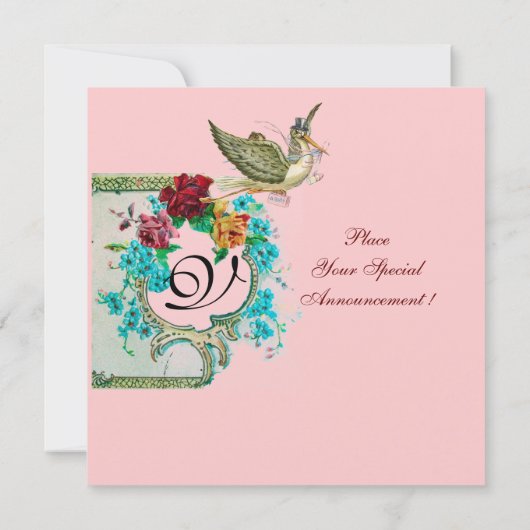 STORK BABY SHOWER 3 MONOGRAM, goudmetaal Kaart (Achterkant)