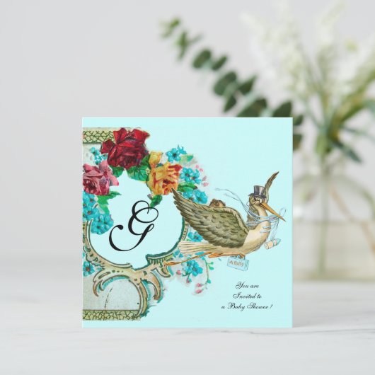 STORK BABY SHOWER 3 MONOGRAM KAART (Staand voorkant)