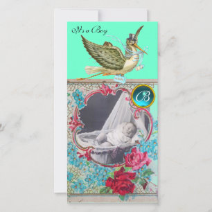STORK BABY SHOWER MONOGRAM , aquamarijn Aankondiging