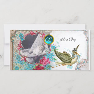 STORK BABY SHOWER MONOGRAM, aquamarine, wit Aankondiging