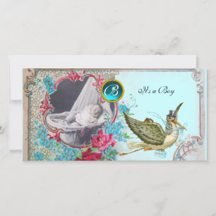 STORK BABY SHOWER MONOGRAM, aquamarine, wit Aankondiging