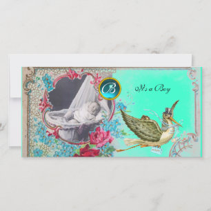 STORK BABY SHOWER MONOGRAM, aquamarine, wit Aankondiging