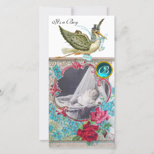 STORK BABY SHOWER MONOGRAM, aquamarine wit Aankondiging