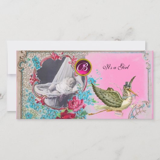 STORK BABY SHOWER MONOGRAM, ruby Aankondiging (Voorkant)