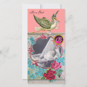 STORK BABY SHOWER MONOGRAM, ruby Aankondiging