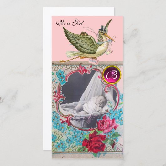 STORK BABY SHOWER MONOGRAM, ruby Aankondiging (Voorkant / Achterkant)