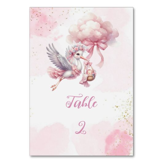 Stork Baby shower – Roze wolken & Gouden schitteri Kaart (Voorkant)